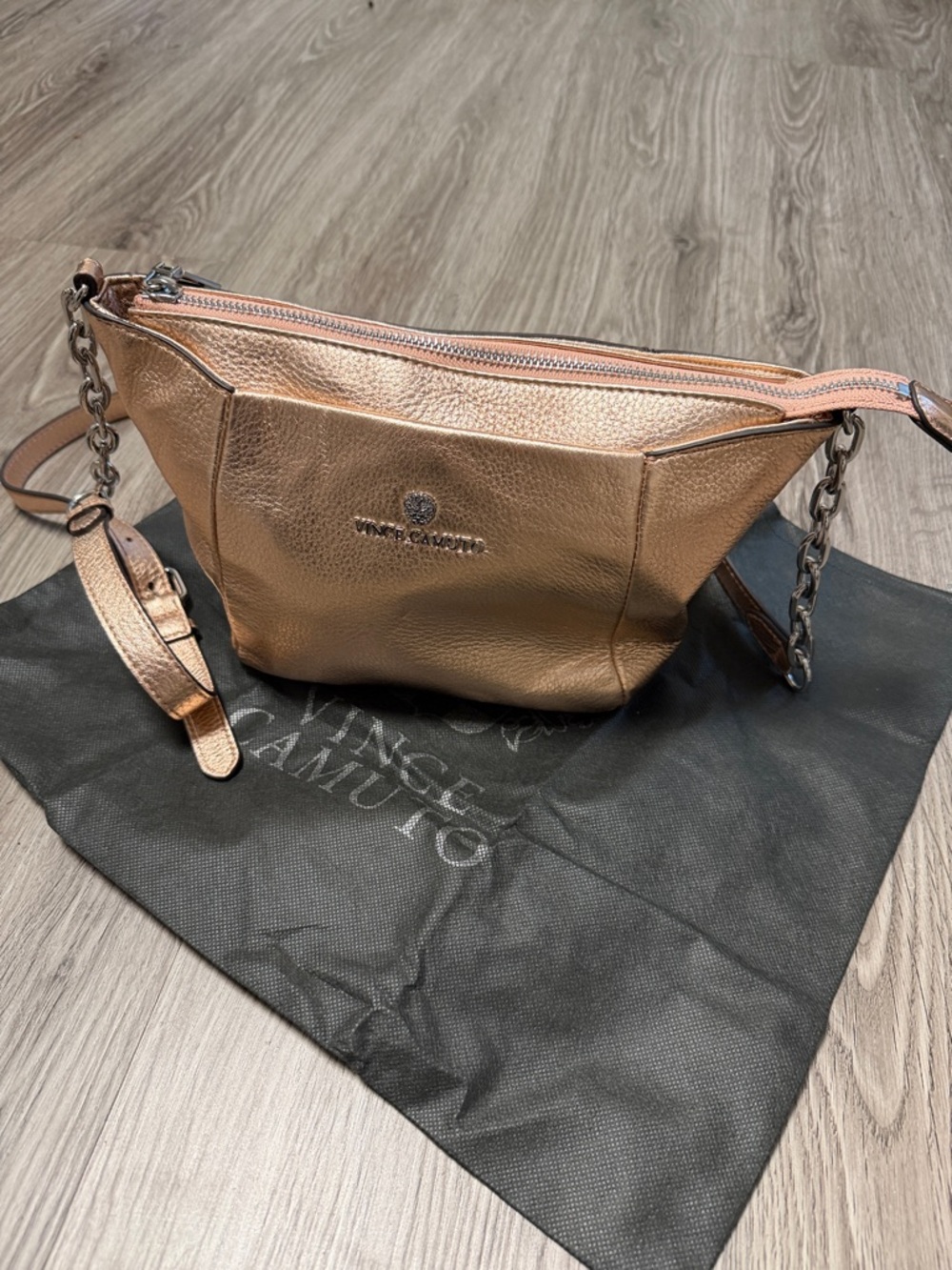Vince Camuto Rose Gold Metallic Pebbled Leather Chain Strap Crossbody